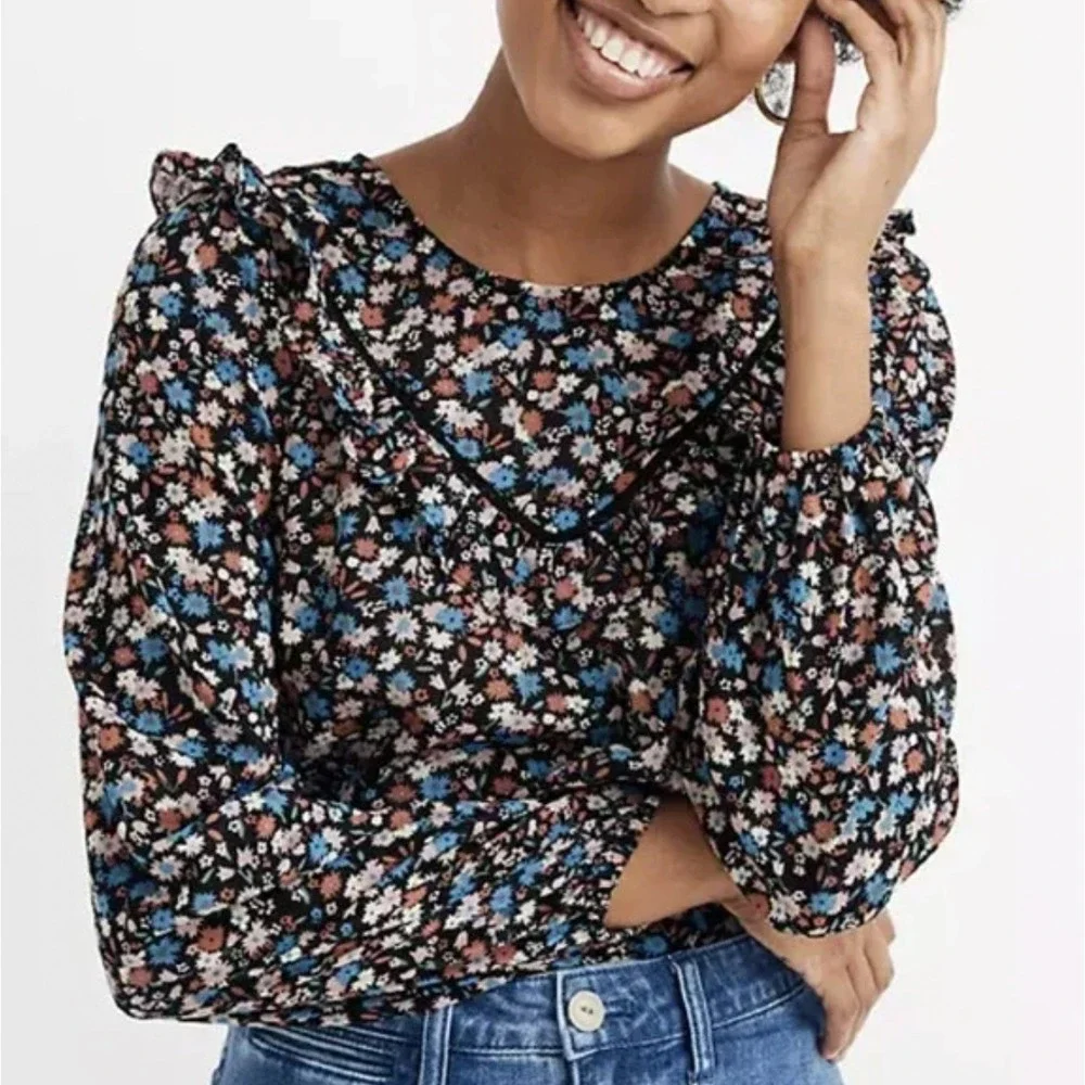 Madewell Ruffle-Yoke Puff Sleeve Prairie Top Spring Prairie Black Floral Size XL